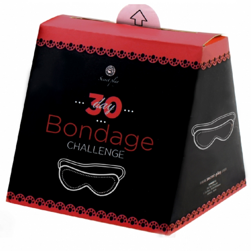 Boite noire et rouge 30 Bondage Challenge Secretplay de face, masque dessine au trait, jeu de cartes defis bondage couple en escalade douce a intense.