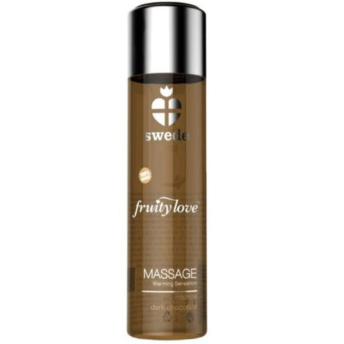 Flacon Swede Fruity Love Massage chauffant chocolat noir, bouteille brune vue de face, huile sensuelle a glisse durable enrichie en vitamine E.