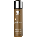 Huile de massage Swede Fruity Love effet chauffant chocolat noir, flacon brun en gros plan sur l'etiquette MASSAGE Warming Sensation et la marque swede.