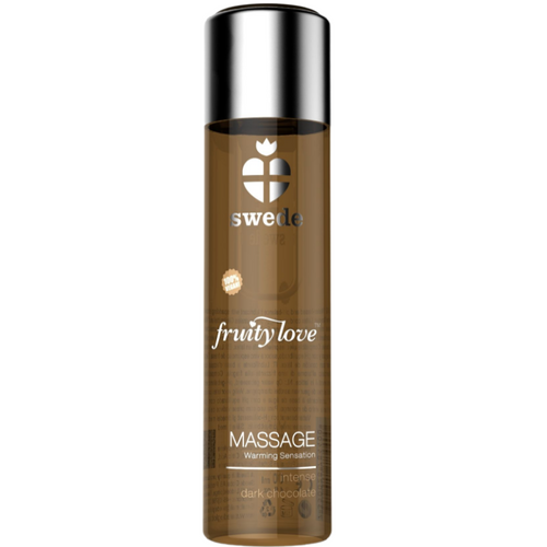 Huile de massage Swede Fruity Love effet chauffant chocolat noir, flacon brun en gros plan sur l'etiquette MASSAGE Warming Sensation et la marque swede.