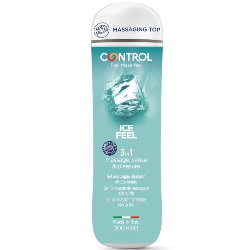 Flacon turquoise Control Ice Feel gel lubrifiant 3 en 1 effet glacant 200 ml, base eau hydratant sans sucres ajoutes non parfume, pour massage et stimulation.