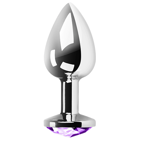 Plug anal bijou en aluminium poli Secret Play vu de cote, base ornee d'un strass violet et pointe conique effilee, surface miroir lisse thermoreactive sans nickel.