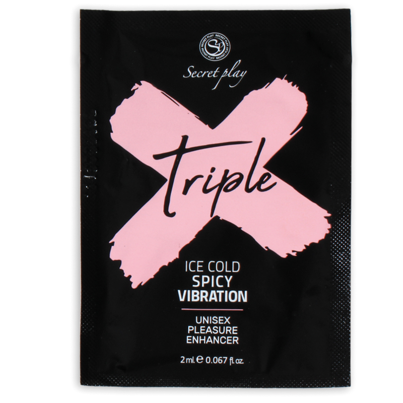 Sachet noir Triple X Secretplay gel intensificateur unisexe, croix rose, 2 ml a triple effet froid epice et vibration, ingredients naturels vegan.