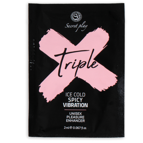 Sachet noir Triple X Secretplay gel intensificateur unisexe, croix rose, 2 ml a triple effet froid epice et vibration, ingredients naturels vegan.