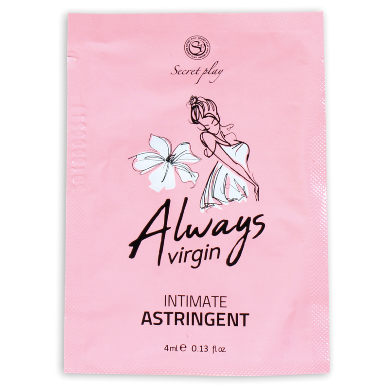 Sachet rose Always Virgin Secretplay astringent intime feminin, dessin de robe, unidose 4 ml procurant une sensation de resserrement vaginal, vegan.