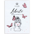 Sachet blanc Liberte Secretplay huile intime sensuelle, visage feminin dessine et papillons roses, unidose 4 ml hydratante et stimulante formule naturelle.