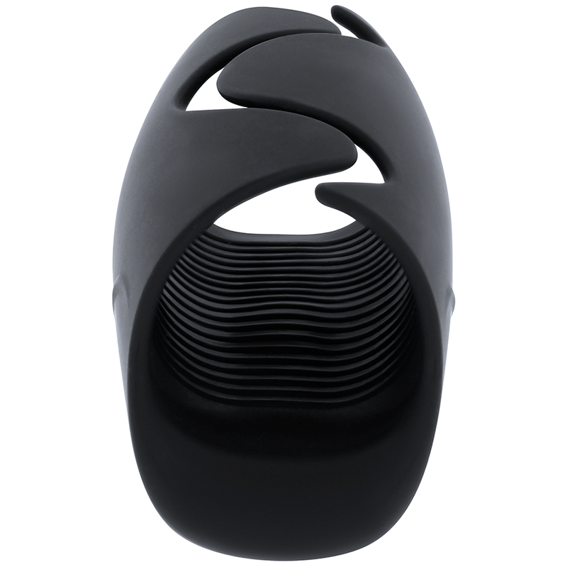 Masturbateur Ohmama noir - vue de face, ouverture texturee et decoupe en vagues