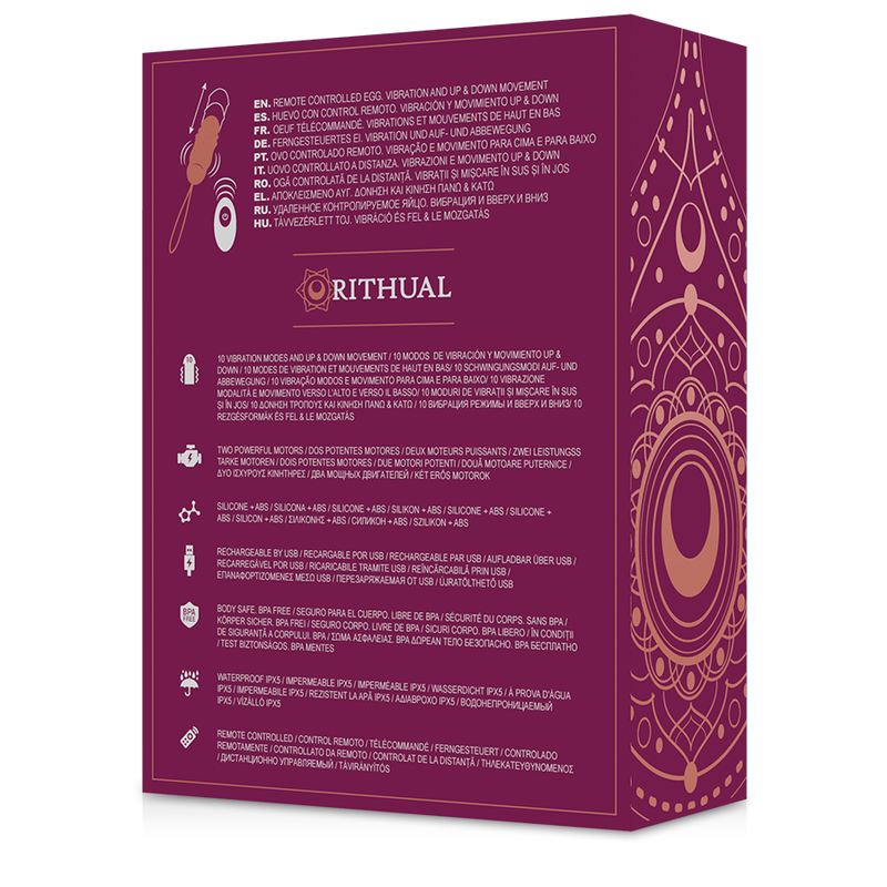 Verso de la boite Reva Rithual bordeaux avec pictogrammes et notice multilingue de l oeuf vibrant en silicone telecommande, mouvement up and down et 10 programmes de vibrations.