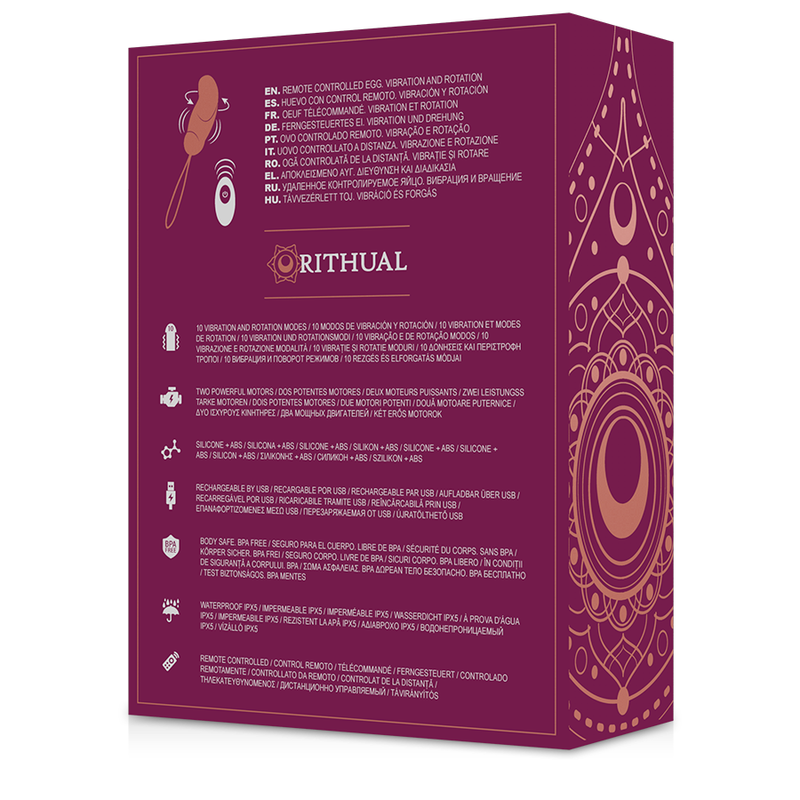 Verso de la boite Esha Rithual bordeaux avec pictogrammes et notice multilingue de l oeuf vibrant en silicone telecommande, rotation et vibration ciblees sur le point G.