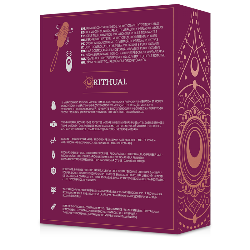 Verso de la boite Sita Rithual bordeaux avec pictogrammes et notice multilingue de l oeuf vibrant telecommande a billes rotatives internes et 10 modes de vibration.