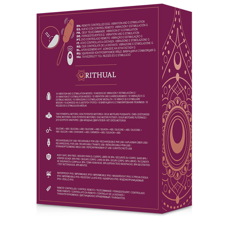 Verso de la boite Priya Rithual bordeaux avec pictogrammes et notice multilingue de l oeuf vibrant telecommande a vibration ciblee sur le point G, etanche IPX5.