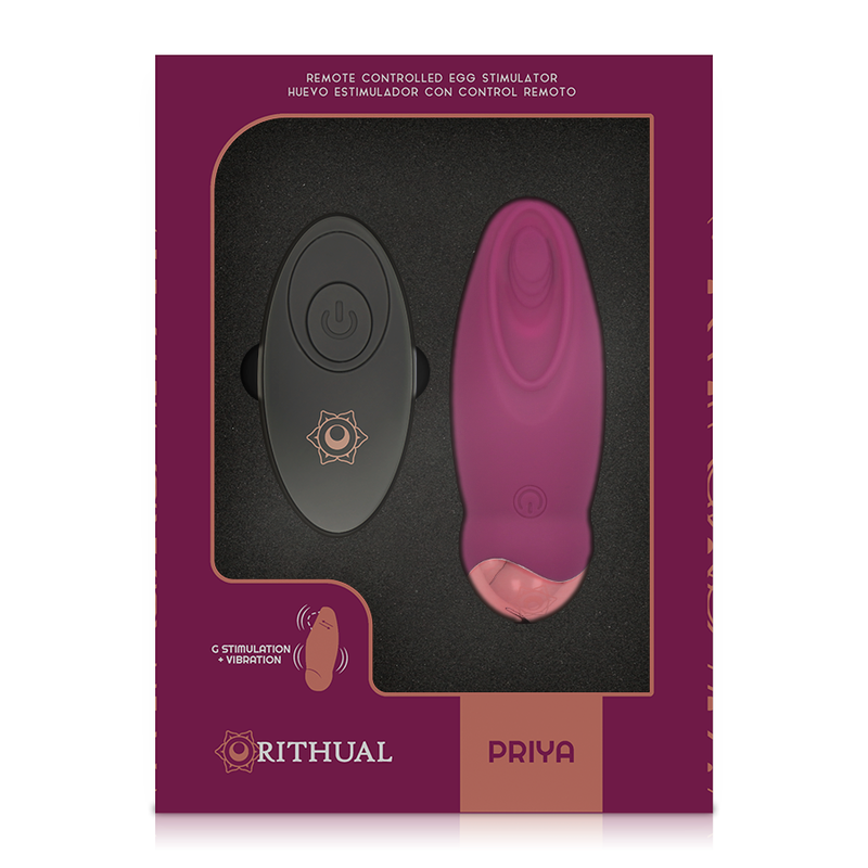 Boite Priya Rithual bordeaux montrant l oeuf vibrant en silicone a tete galbee et sa telecommande, fonction stimulation point G et vibration, sextoy etanche rechargeable.
