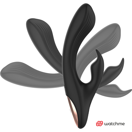 Vibromasseur rabbit Anne's Desire en silicone noir vu de face, branche clitoridienne flexible illustree en plusieurs positions, vibrations pilotees par telecommande Watchme.