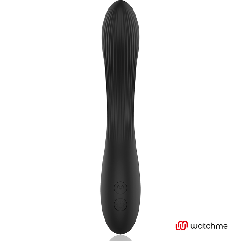Vibromasseur point G en silicone noir presente a la verticale, tige fine striee et commandes a la base, sextoy rechargeable a vibration Watchme.