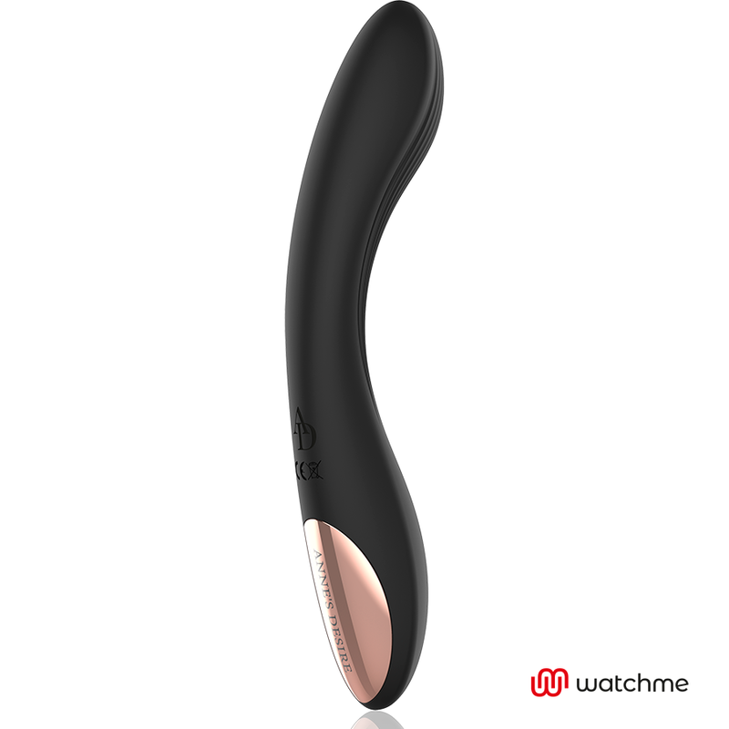 Vibromasseur point G en silicone noir a la courbe en S et embout dore, vue d'ensemble du stimulateur interne flexible pilote par telecommande Watchme.