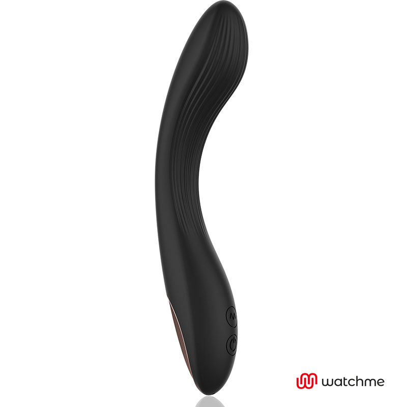 Vibromasseur point G en silicone noir a la forme courbee, vue isolee soulignant la tete arrondie et la surface texturee, sextoy rechargeable a vibration.