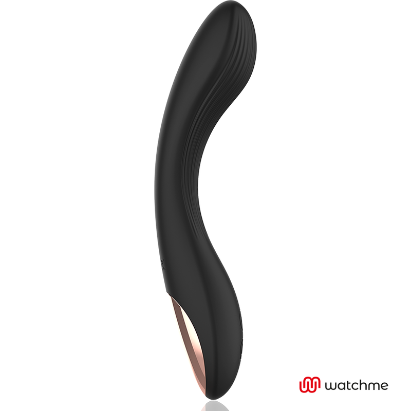 Vibromasseur point G en silicone noir en S avec base doree, vue d'ensemble du stimulateur interne flexible, finition noir et or de la gamme Watchme.