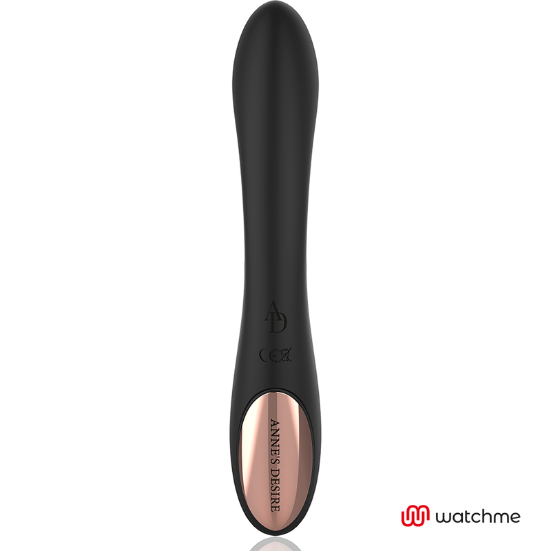 Vibromasseur point G Anne's Desire en silicone noir a tige droite et embout dore grave, gros plan sur le bouton de commande, design noir et or a vibration.