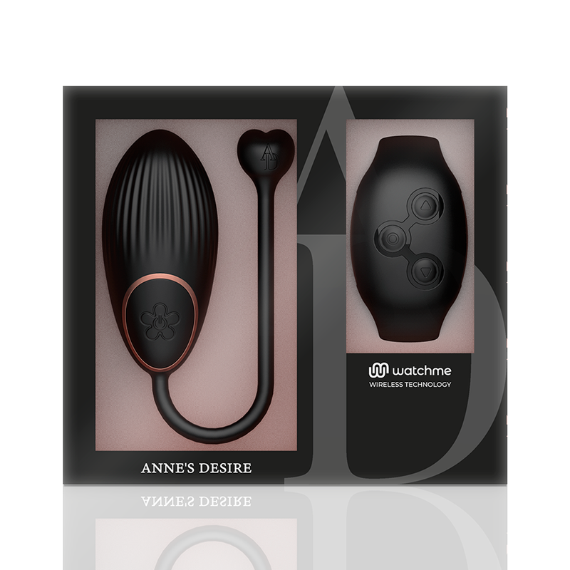 Coffret noir de l'oeuf vibrant Anne's Desire montrant le toy et la telecommande bracelet Watchme dans leur ecrin, presentation premium sans anatomie.
