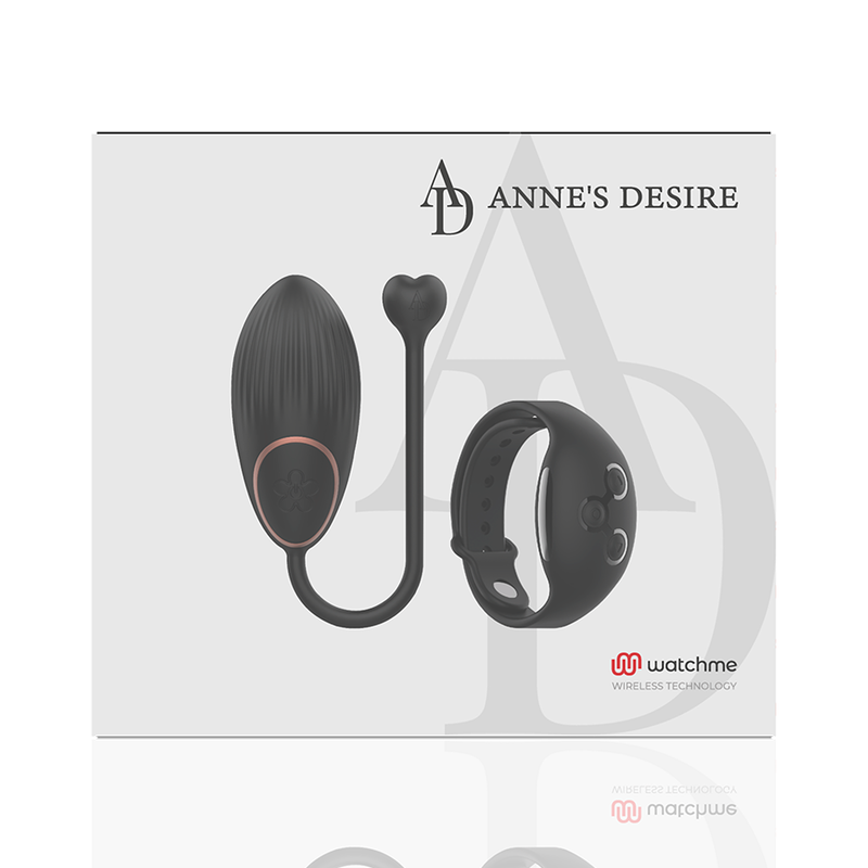 Face avant de la boite blanche Anne's Desire de l'oeuf vibrant illustrant le toy et la telecommande bracelet Watchme, presentation produit sobre.