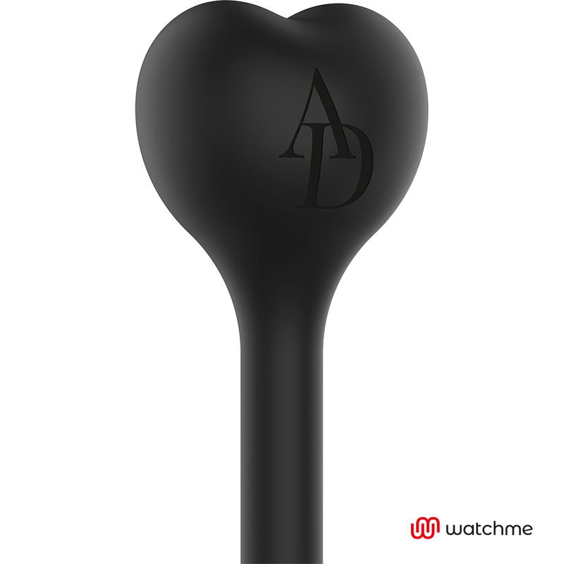 Detail de l'embout coeur grave AD du mini vibromasseur oeuf en silicone noir, base du fil de recuperation, finition mate raffinee Anne's Desire.