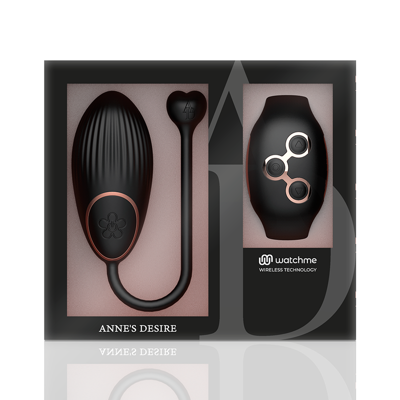 Coffret Anne's Desire du mini vibromasseur oeuf montrant le toy a fil et la telecommande bracelet Watchme dans leur ecrin, presentation premium.