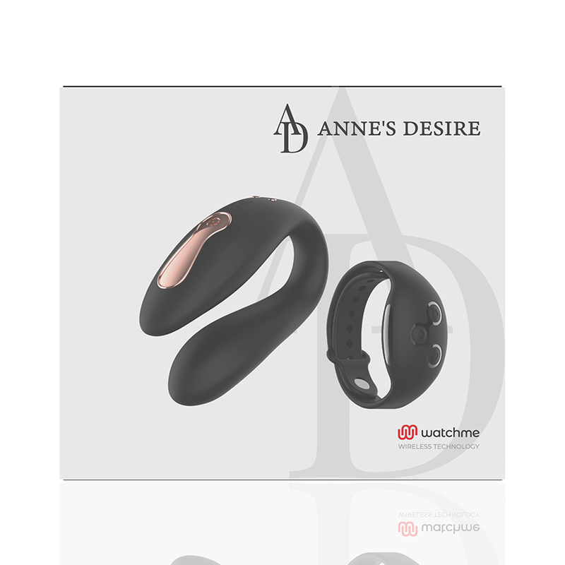 Face avant de la boite blanche Anne's Desire du stimulateur de couple illustrant le toy en U et la telecommande bracelet Watchme, presentation sobre.