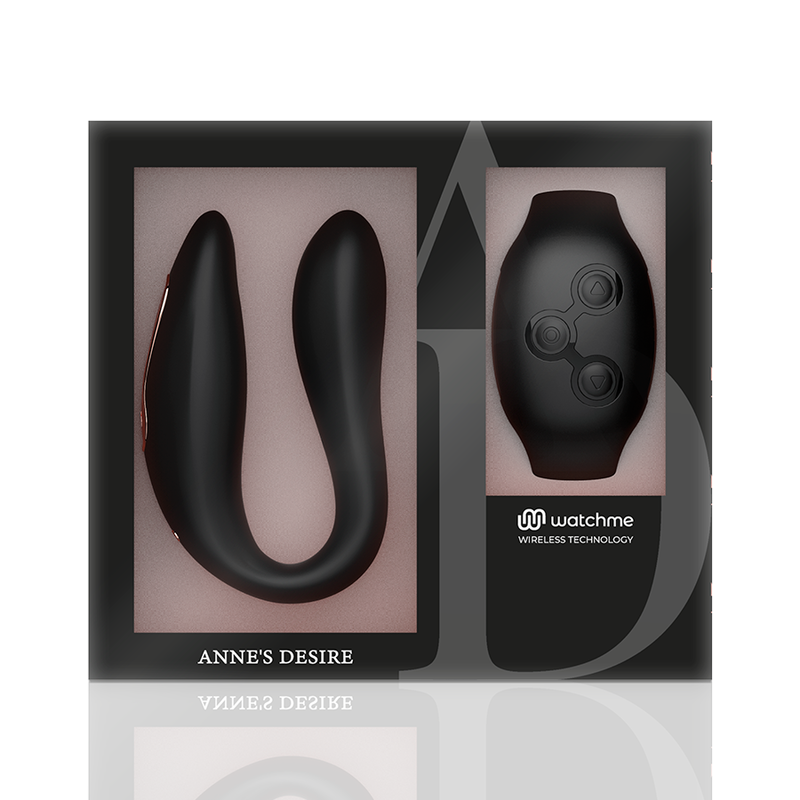 Coffret Anne's Desire du stimulateur de couple en U presentant le toy et la telecommande bracelet Watchme dans leur ecrin noir, presentation premium.