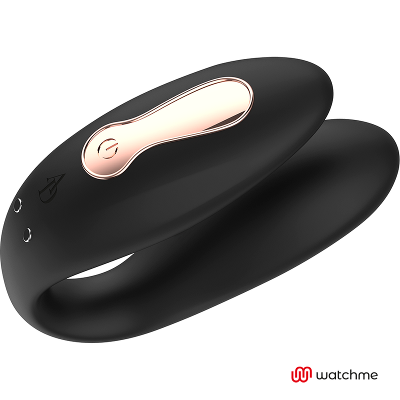 Vibromasseur de couple en silicone noir en U avec commande doree, vue trois quarts soulignant le bouton et la souplesse des branches, vibration a distance.