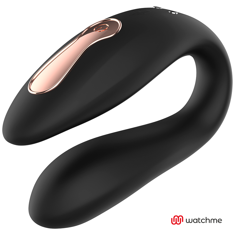 Vibromasseur de couple en silicone noir en U a panneau de commande dore, vue en angle mettant en valeur le galbe des branches, sextoy a porter.