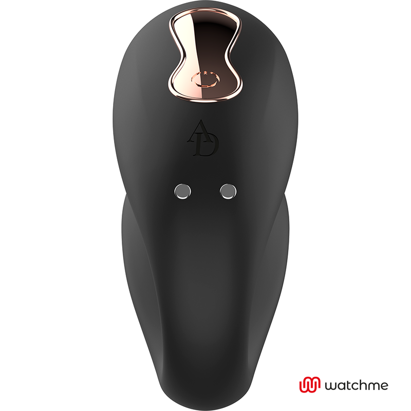 Gros plan de la branche de commande du vibromasseur de couple en silicone noir, panneau dore a bouton et points, detail de la finition noir et or.