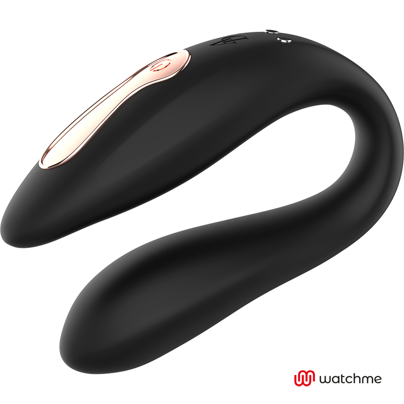 Vibromasseur de couple en silicone noir en U vu de profil, branche dotee de la commande doree, sextoy flexible a porter pour stimulation simultanee.
