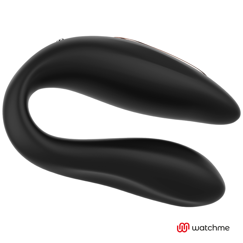 Vibromasseur de couple en silicone noir en U entierement lisse, vue d'ensemble des deux branches arrondies, sextoy a porter a vibration partagee.