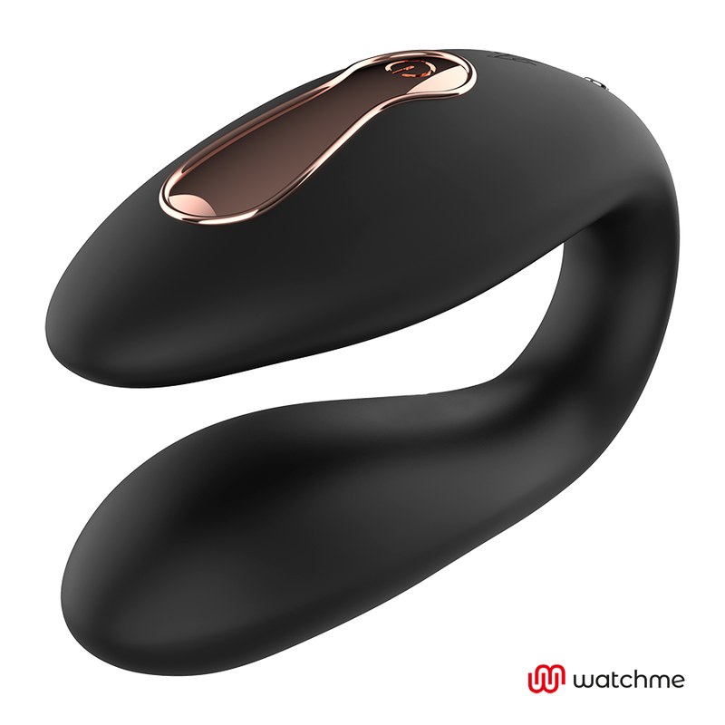 Vibromasseur de couple en silicone noir en U avec commande doree, vue en angle haute soulignant les branches souples, sextoy de couple a porter.