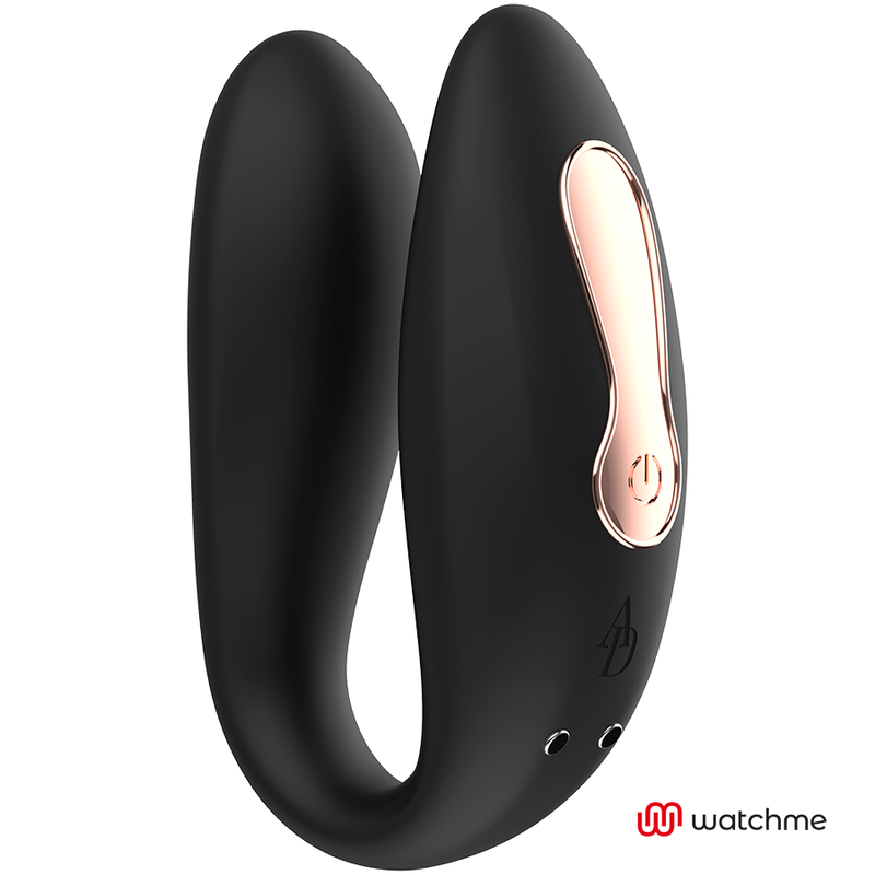 Vibromasseur de couple en silicone noir en U, panneau de commande dore a bouton marche, vue trois quarts mettant en avant la finition noir et or.