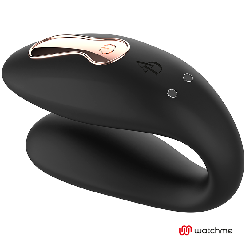 Vibromasseur de couple en silicone noir en U avec large commande doree, vue de face des deux branches, sextoy a porter pour stimulation simultanee.