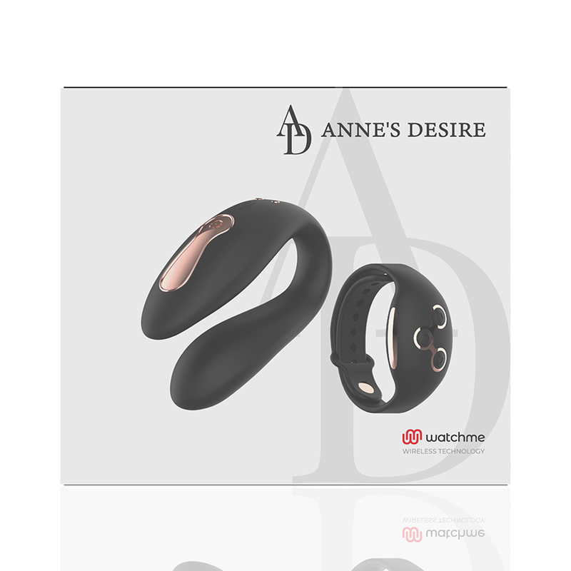 Face avant de la boite blanche Anne's Desire du vibromasseur de couple illustrant le toy en U et la telecommande bracelet Watchme, presentation sobre.