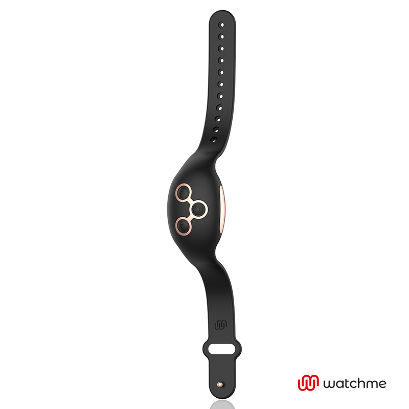 Bracelet telecommande Watchme en silicone noir vu de profil deplie, boitier de commande floral, accessoire de pilotage du vibromasseur de couple.