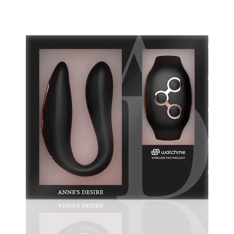 Coffret Anne's Desire du vibromasseur de couple en U presentant le toy et la telecommande bracelet Watchme dans leur ecrin, presentation premium.
