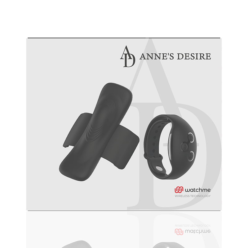 Face avant de la boite blanche Anne's Desire de la culotte vibrante illustrant le module clipsable et la telecommande bracelet Watchme, presentation sobre.