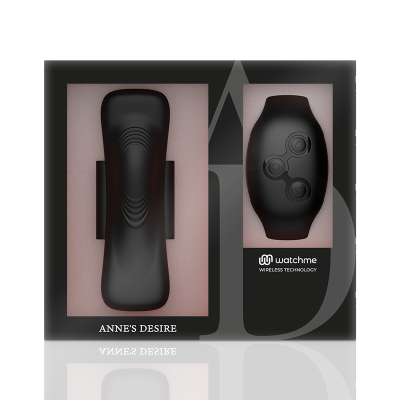 Coffret noir de la culotte vibrante Anne's Desire montrant le module clipsable et la telecommande bracelet Watchme dans leur ecrin, presentation premium.