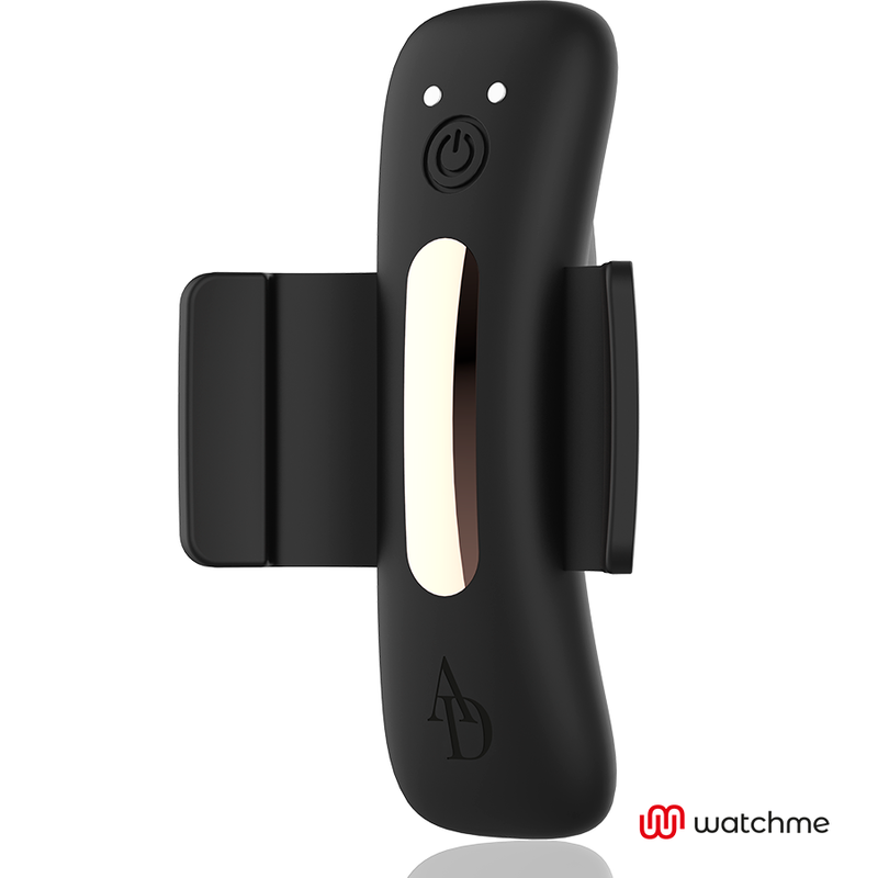 Module vibrant de la culotte Watchme en silicone noir a bouton marche et bande doree, vue de face de la pince clipsable, sextoy a vibration etanche.