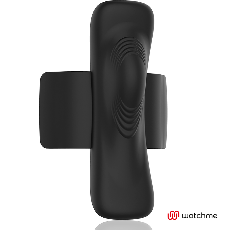 Module vibrant clipsable en silicone noir de la culotte Watchme, gros plan sur la tete texturee a ondulations concentriques, stimulateur discret.
