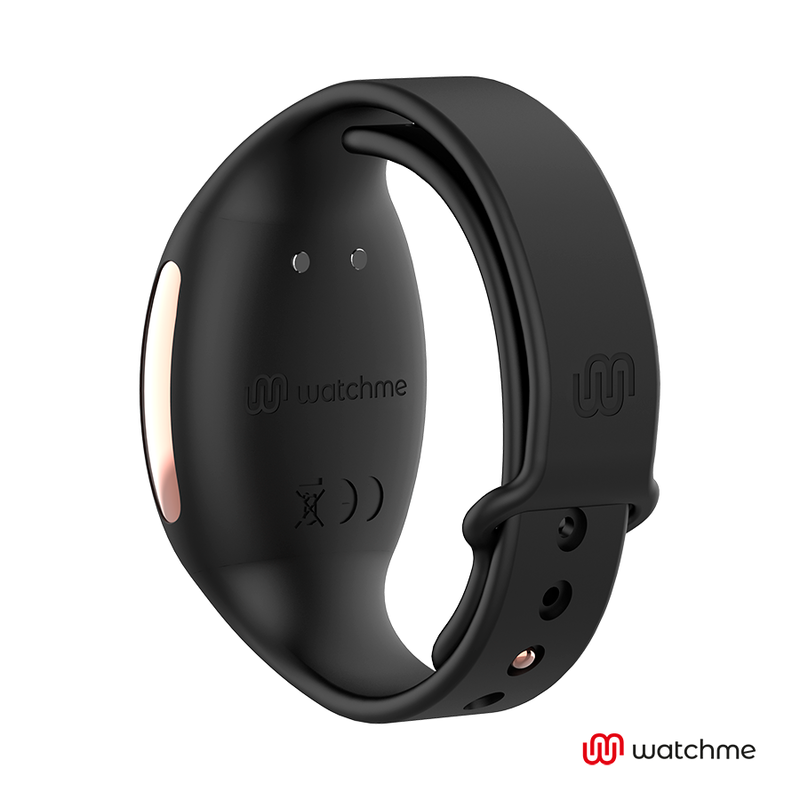 Telecommande bracelet Watchme en silicone noir, boitier ovale a pictogrammes de controle, accessoire de commande sans fil de la culotte vibrante.