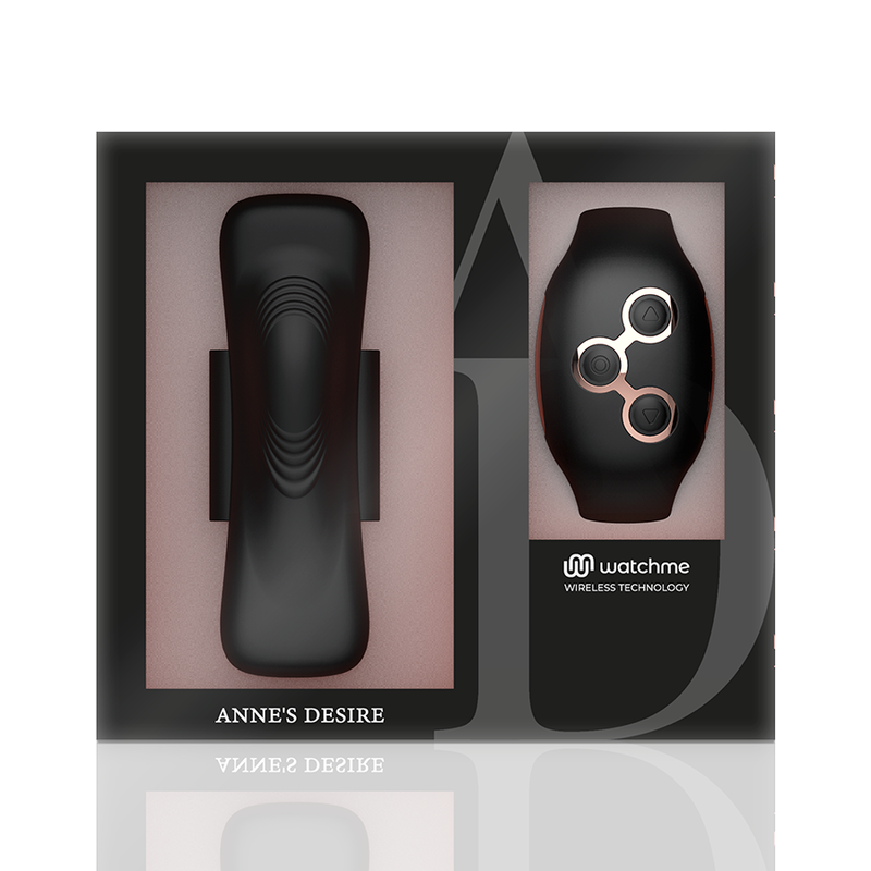 Coffret noir de la culotte vibrante Anne's Desire montrant le module clipsable et la telecommande bracelet Watchme dans leur ecrin, presentation premium.