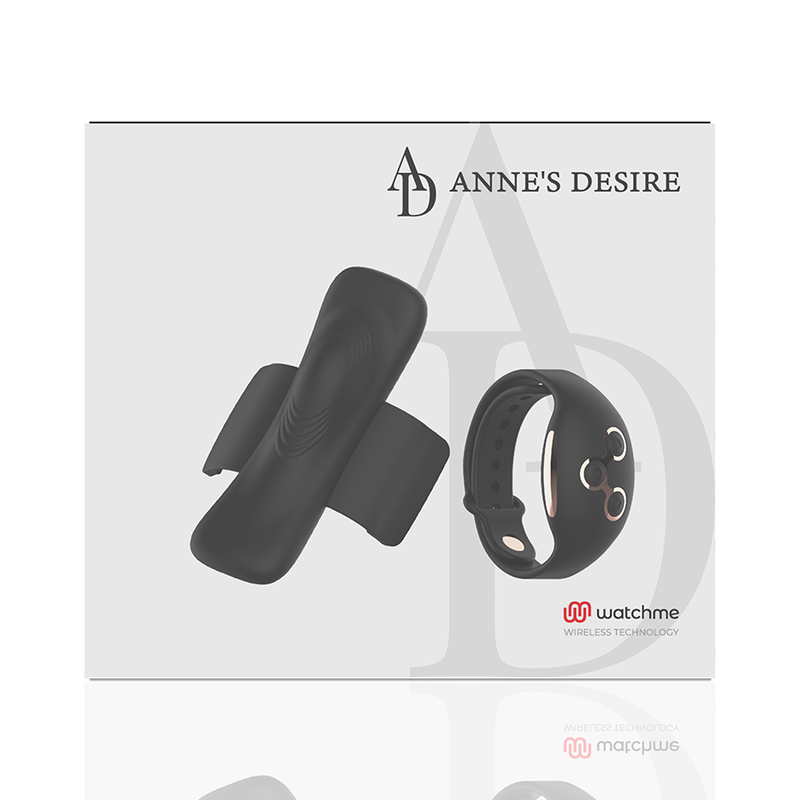 Face avant de la boite blanche Anne's Desire de la culotte vibrante illustrant le module clipsable et la telecommande bracelet Watchme, presentation sobre.