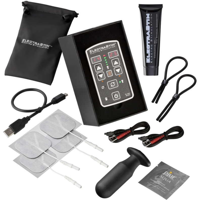 Kit electrostimulation Flick Duo etale : boitier dans son ecrin, gel conducteur, cable USB, cables a pinces, electrodes adhesives et sonde silicone noire pour debuter en electro