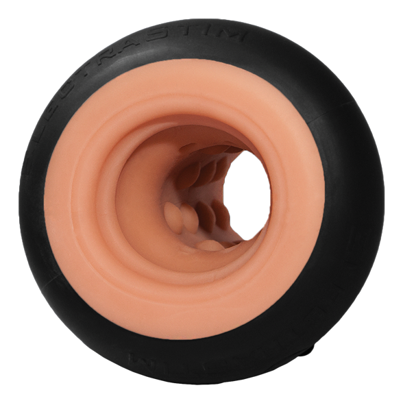 Manchon Jack Socket vu du dessus, large ouverture couleur chair realiste cerclee de silicone noir, gaine d'electrostimulation pour masturbation masculine Electrastim