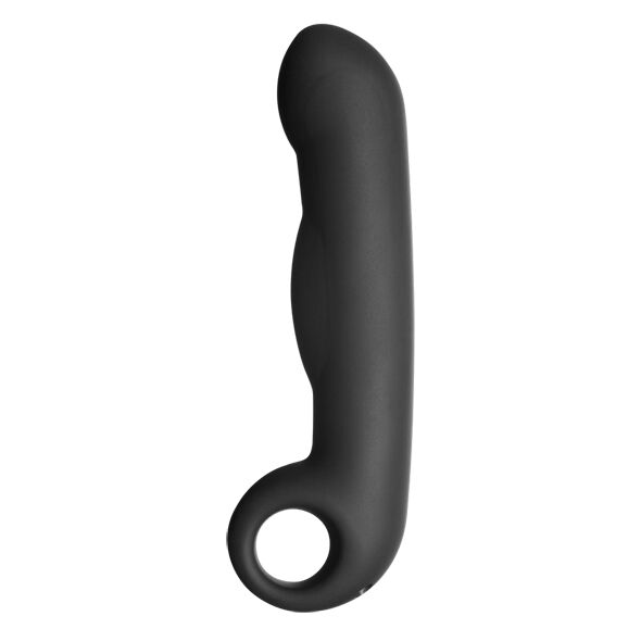 Gode Ovid en silicone noir lisse vu de profil, tige incurvee terminee par un anneau de prehension, electrode bipolaire d'electrostimulation interne 125 mm Electrastim
