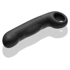 Gode Ovid en silicone noir vu de trois quarts, courbe et anneau de maintien, electrode bipolaire lisse non anatomique pour electrostimulation interne Electrastim